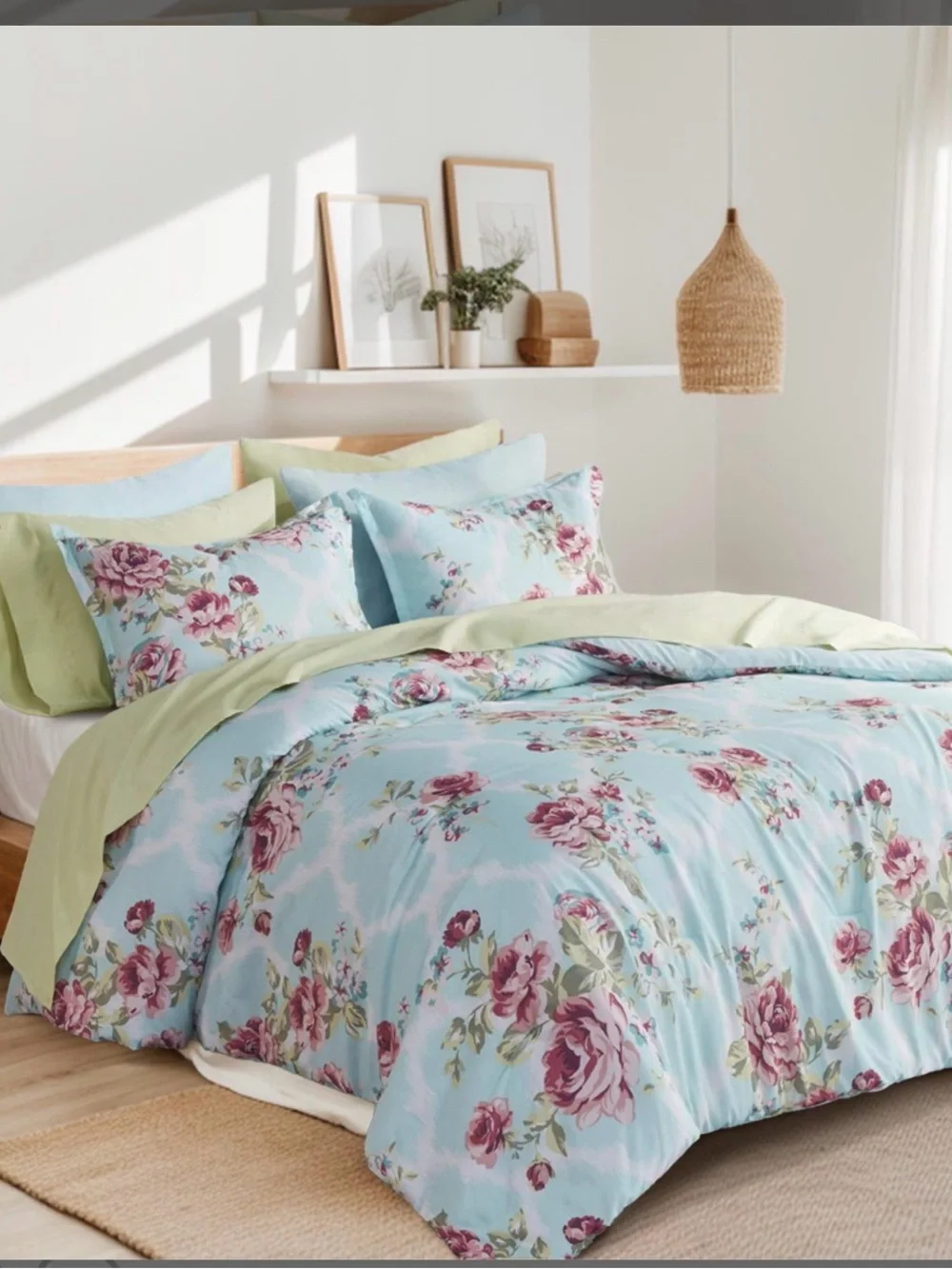 Floral Print Light Blue and Green Reversible Comforter Set